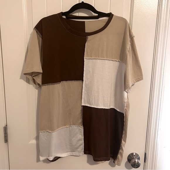 Brown tan and white color block large t-shirt - Picture 1 of 2